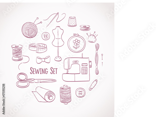 Sewing set. Kit for needlework and embroidery. Illustration with needle, thread, scissors, buttons, pin, spool, thimble, machine, mannequin.