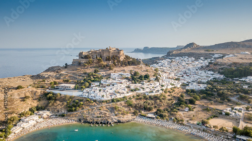 Aerial View of historic Village Lindos on Rhodes Greece Island photo