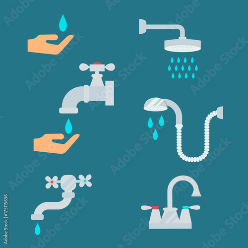 Water tap with drop bathroom ico process savings hygiene clean household washing cleaning beauty vector illustration
