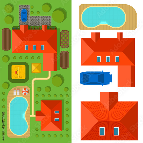 Plan of private house vector illustration top view of outdoor home landscape villa map constructor design building elements.