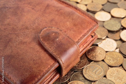 Leather Wallet on a background of Russian coins