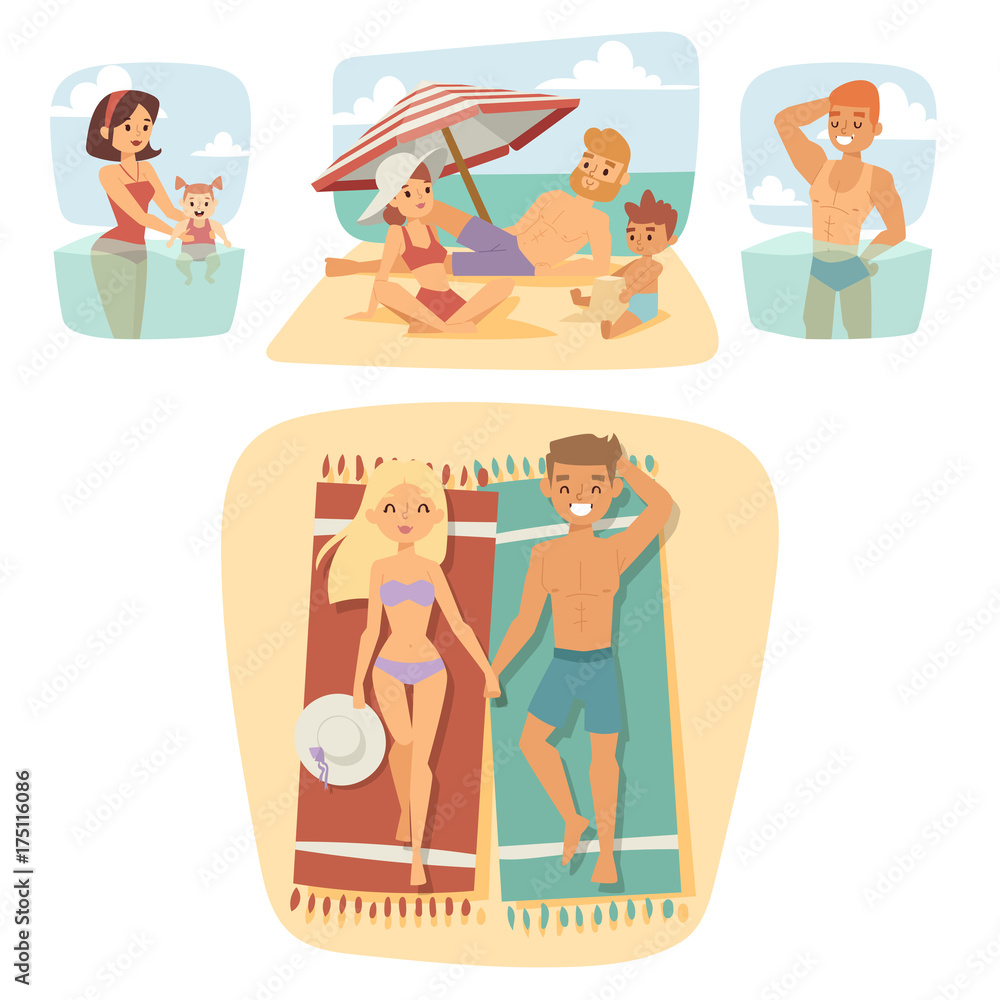 People on beach outdoors, summer lifestyle sunlight fun vacation happy time cartoon characters vector illustration. People on beach outdoors, summer lifestyle sunlight fun vacation happy time cartoon characters vector illustration.