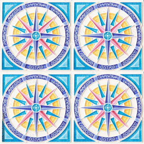 Traditional italian square tiles, set of four, with blue and white decoration