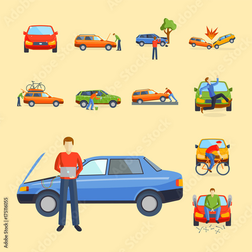 Car crash collision traffic insurance safety automobile emergency disaster and emergency disaster speed repair transport vector illustration.