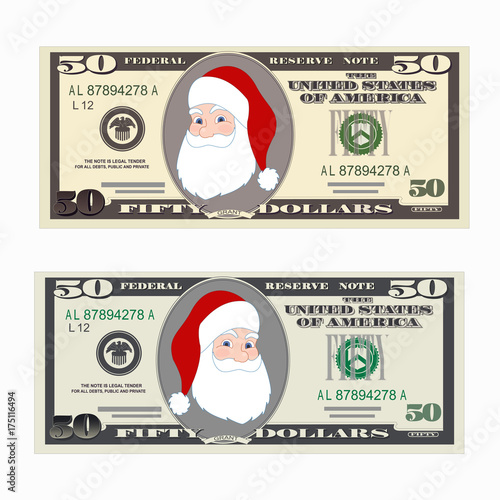 USA banking currency, cash symbol 50 dollars bill with Santa Claus.