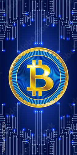 Golden ethereum coin  bitcoin on electronic circuit background