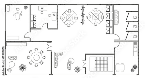 Architecture plan with  a modern furniture in top view. Modern interiors in  small office room. Graphic design elements.