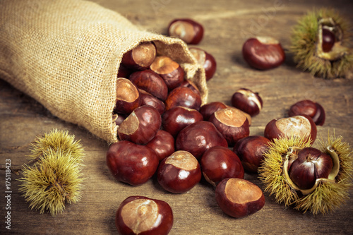 Chestnuts in jute sack on wooden background
