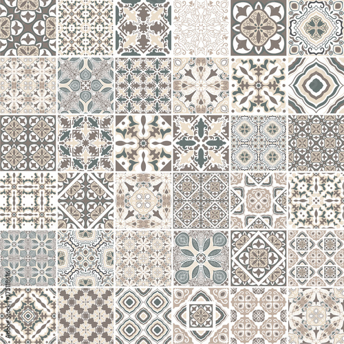 Traditional ornate portuguese decorative tiles azulejos. Abstract background. Vector hand drawn illustration, typical portuguese tiles, Ceramic tiles. Set of mandalas