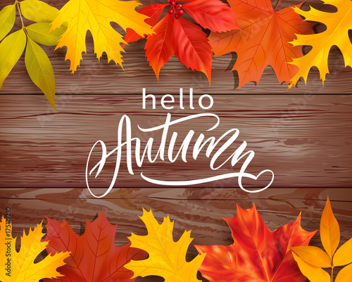 Autumn greeting background with colored leaves border and lettering. Vector illustration.
