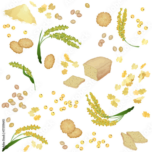 Seamless pattern with millet foodstuff / There are millet ears, bread, flour, grains, flakes and cookies
