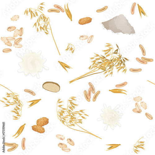 Seamless pattern with oat foodstuff / There are oat ears, milk, bread, cookies, grains, flour and flakes
