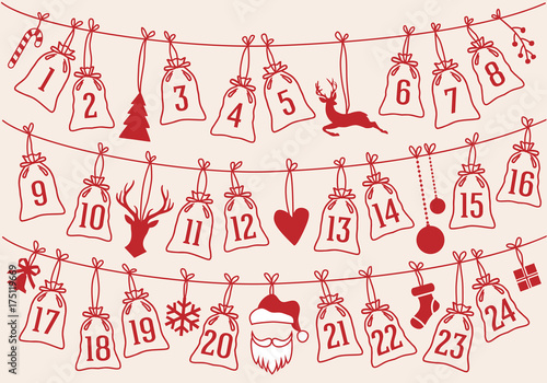 Advent calendar with Christmas bags, vector set