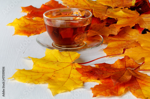 Autumn leaves and hot steaming cup of tea