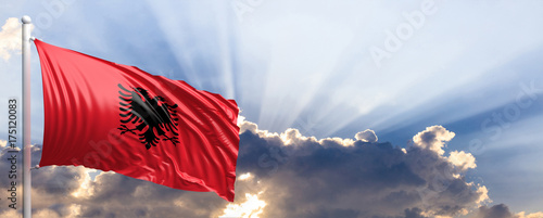 Albania flag on blue sky. 3d illustration