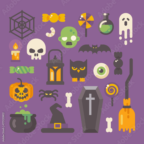 Set of Halloween items. Horror flat icons on purple background. Trick or treat