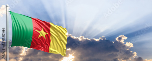 Cameroon flag on blue sky. 3d illustration