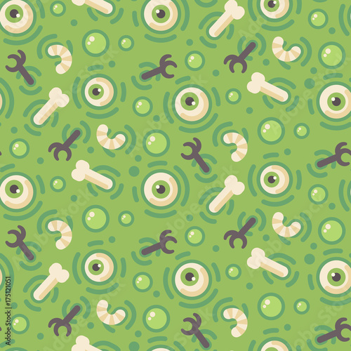 Boiling green witch potion pattern. Halloween flat illustration. Green goo background with eyeballs, worms, raven claws and bones