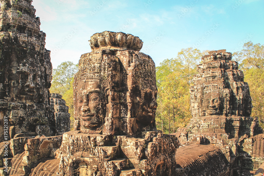 Faces of the Bayon temple in Siem Reap near Angkor Wat in Cambodia