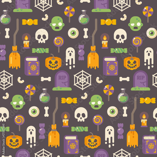 Halloween flat icons pattern. Halloween objects on dark background. Trick or treat