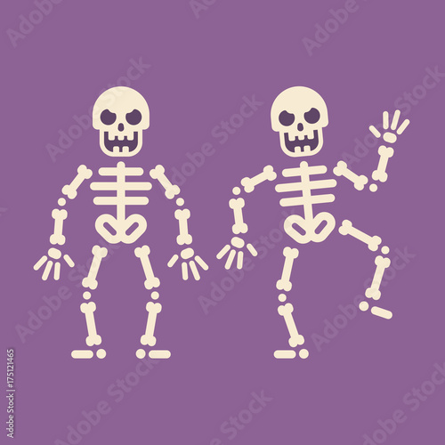 Two happy dancing skeletons. Trick or treat. Halloween character flat illustration on purple background