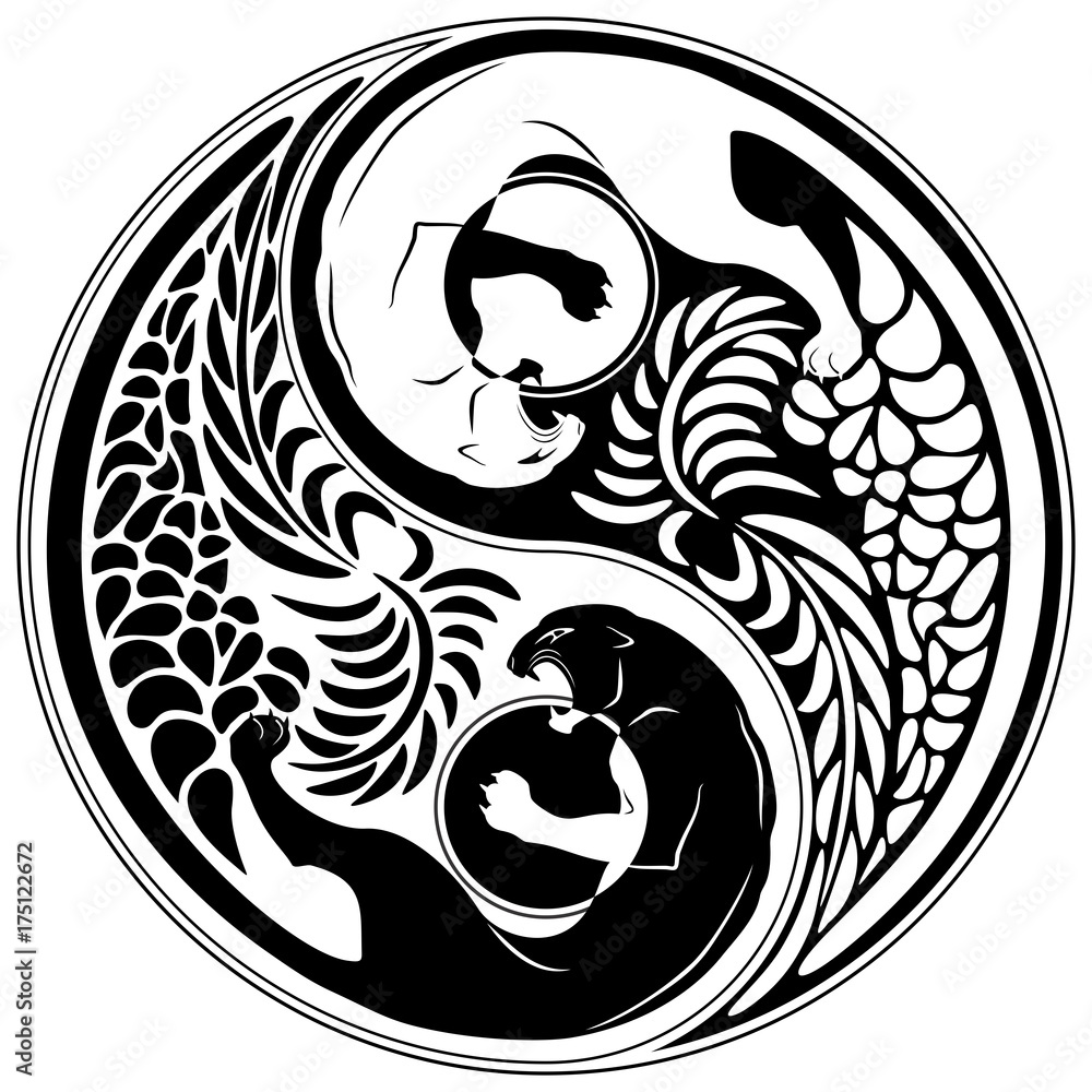 Naklejka premium Yin Yang Wild Cat Black and White Tattoo Style