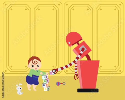 Domestic Robot and little kid playing with alphabet blocks. Personal robot childcare futuristic concept illustration vector.