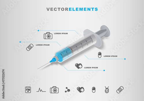 Syringe 3D Vector Infographic Template Concept with Set of Hospital Icons