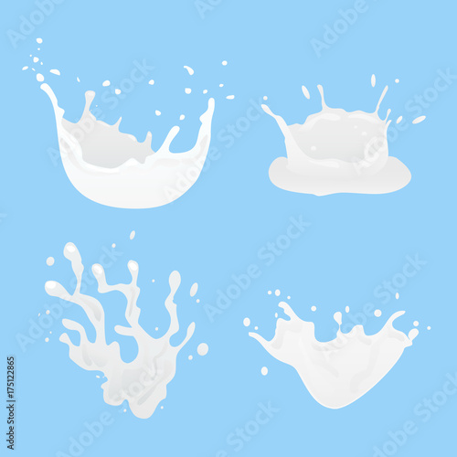 Set of 3D vector milk splash and pouring