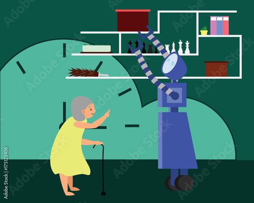 Domestic robot lifting box from top shelf for grandmother. Personal robot assistance futuristic concept illustration vector.