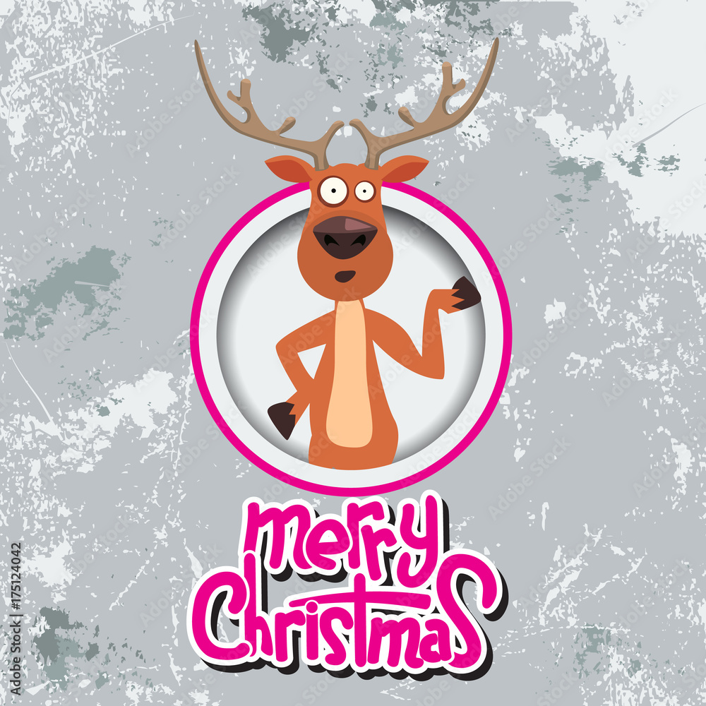 Fototapeta premium Christmas reindeer pointing at something in a circle. Merry christmas calligraphy. Old paper and Grunge effect with carving style Vector.