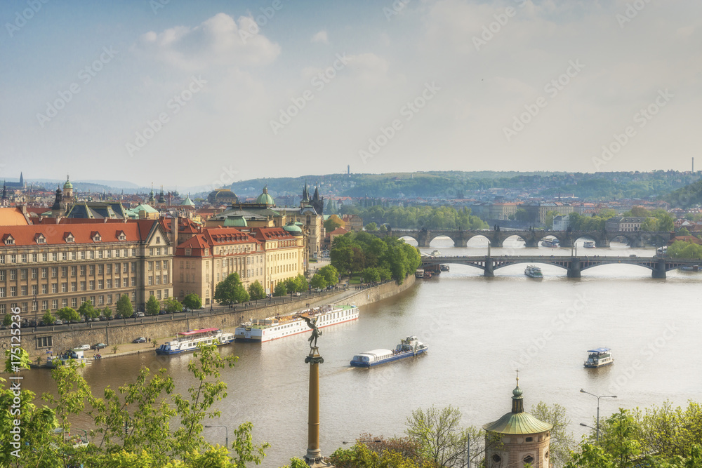 Vltava river view with cruise boats, Prague, Czech republic