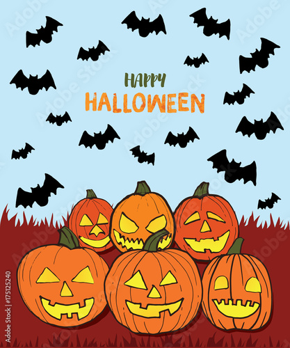 Hand drawn Halloween pumpkin characters vector illustration with text happy Halloween and bats flying around on light blue sky. Perfect for invitations, cards, banners,flayers.
