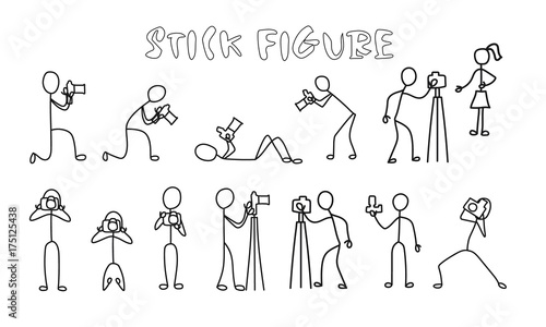 Set stick figure photographer. Simple professional cameraman black pictogram