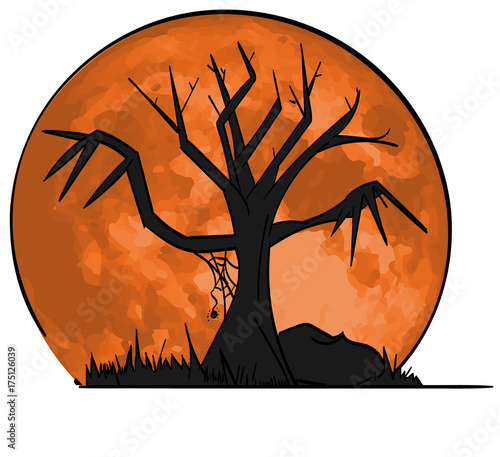 Scary tree with hand-like branches in front of a full moon.