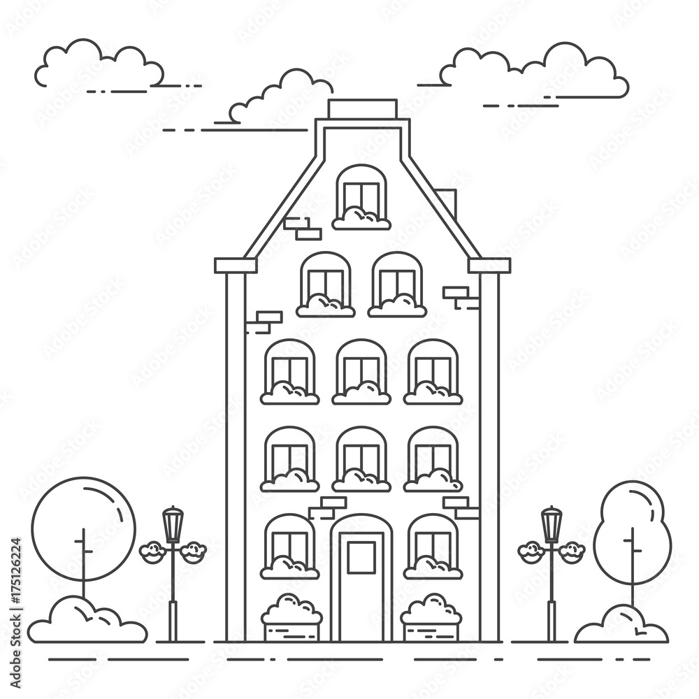 City landscape with house, trees and clouds. Vector illustration. Flat line art style.
