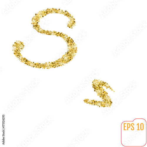 Gold rush. Gold alphabetic letter s. Vector gold alphabet. Font with golden glitter. Letter "s" on white background.