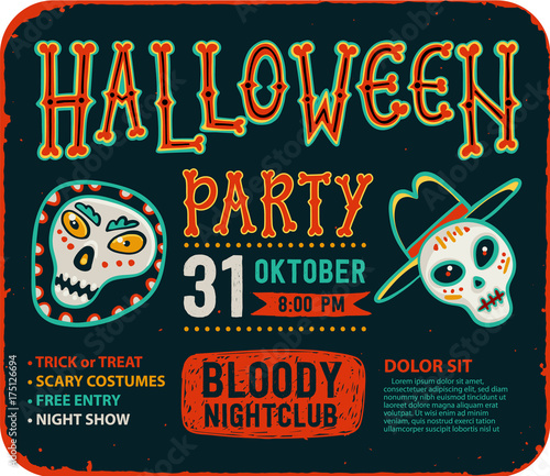 Invitation to Halloween night party. Vintage card with skulls. Vector templat...