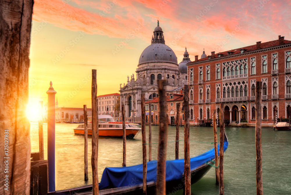 Beautiful sunrise in Grand canal with Church of Santa Maria, Venice