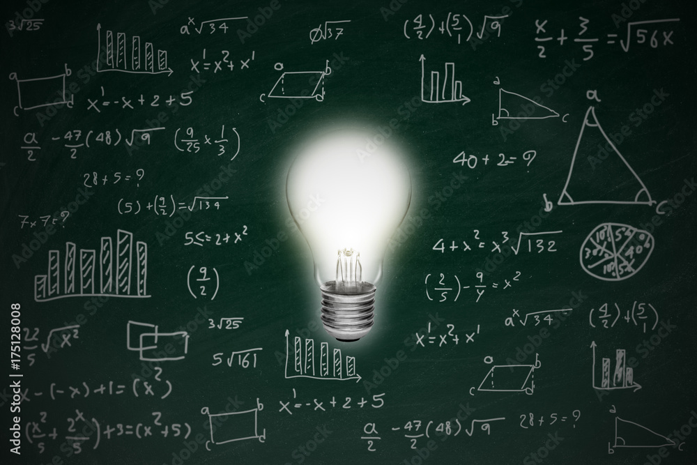 Chalkboard with math formula and idea concept bright glowing light bulb, inspiration and imagination on blackboard. Chalkboard with math formula and idea concept bright glowing light bulb, inspiration and imagination on blackboard.