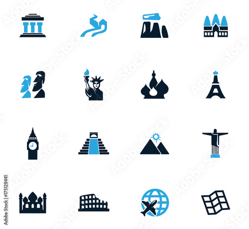 Travel and Wonders icons set