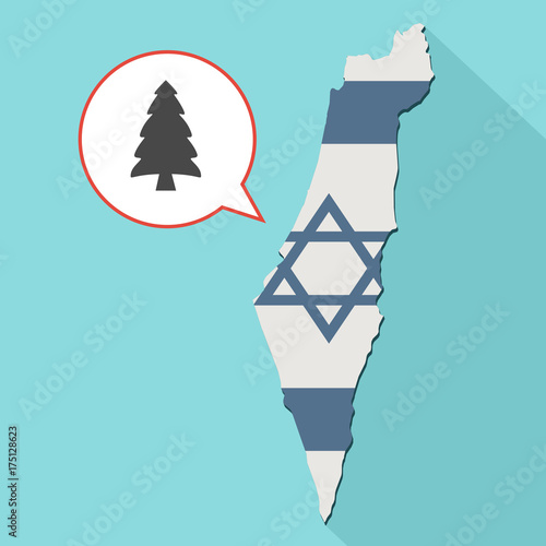 Animation of a long shadow Israel map with its flag and a comic balloon with a spruce tree