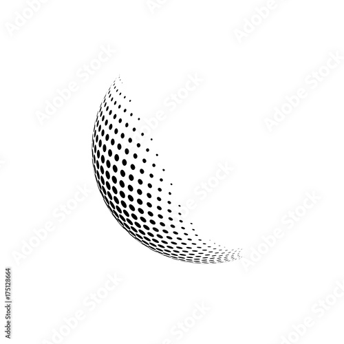 Abstract globe dotted sphere, 3d halftone effect vector background. Black and white vector illustration.
