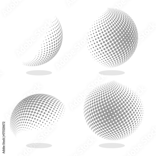 Abstract Globe Dotted Sphere. 3d Halftone Effect Vector Background. Black and White Set of Vector Illustration.