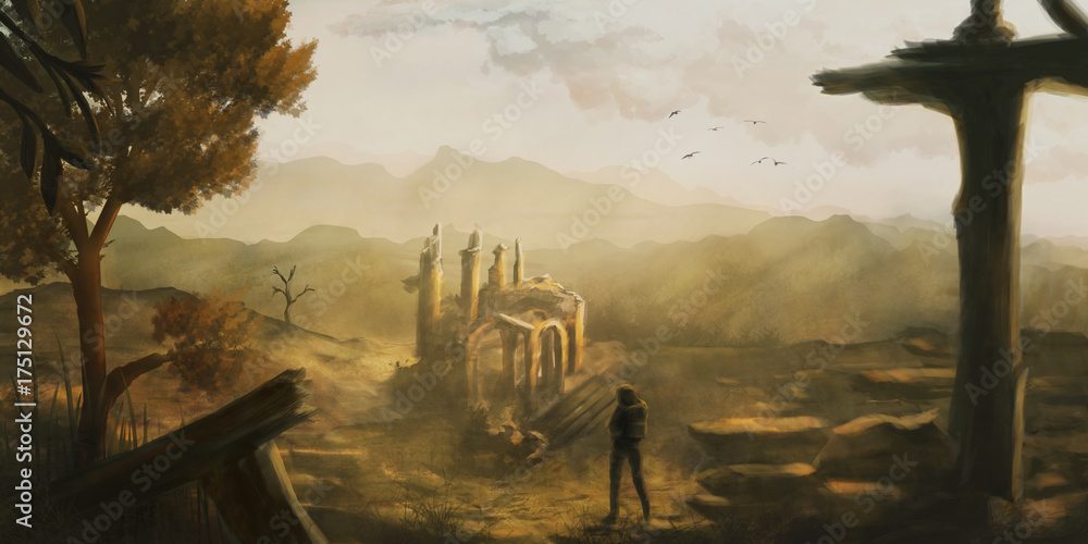 Naklejka premium Idyllic scenery where a person discovers old ruins, digital painting