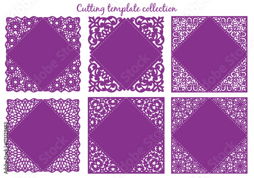 Laser or die cut square envelope with patterned corners.Wedding invitation card template collection, vector. Suitable for greeting cards, invitations, menus.
