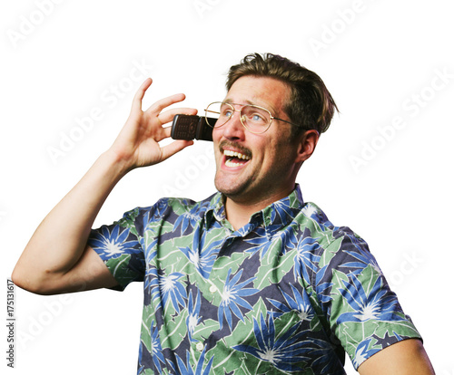 Фотография funny retro man with mustache and glasses on flip phone