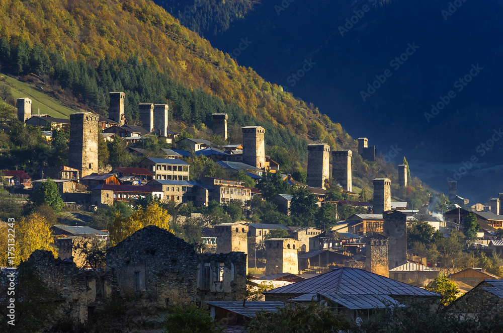 Mountain village with ancient towers. Mestia, Svaneti, Georgia