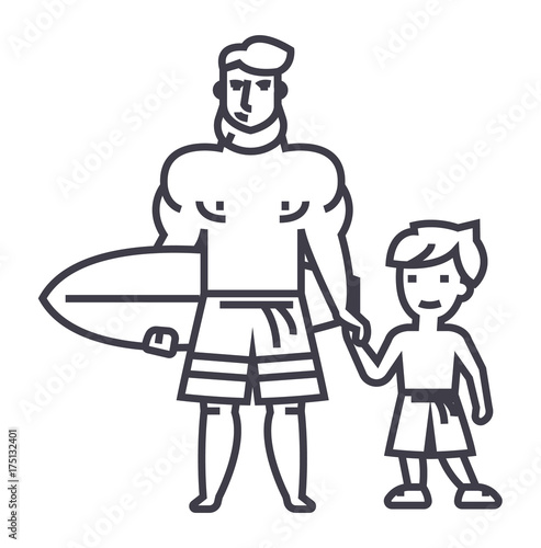 father with son on vacation with surfing board vector line icon, sign, illustration on white background, editable strokes