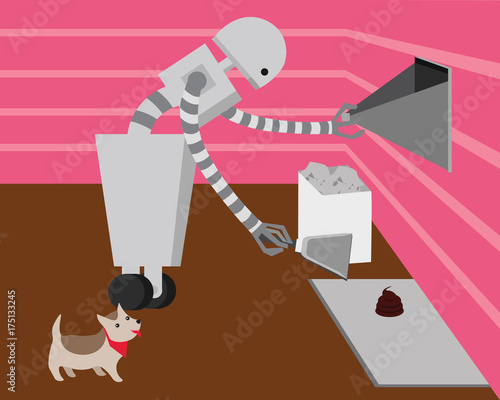 Domestic robot cleaning dogs poop. Personal robot housekeeping futuristic concept illustration vector.